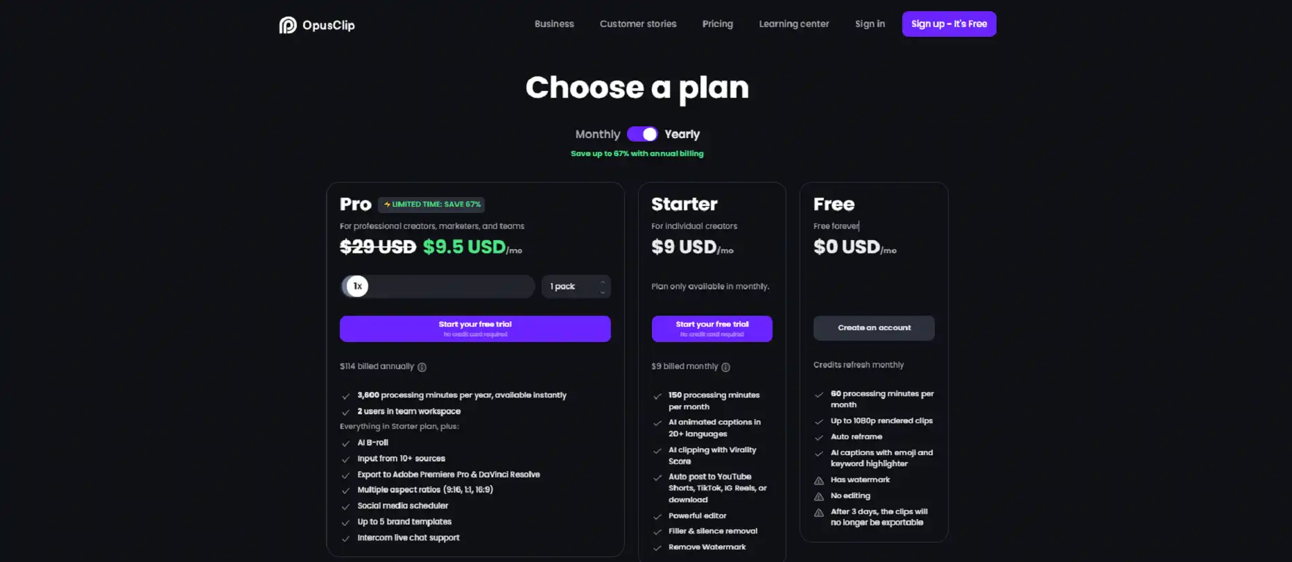 Opus Clip AI content creation tool Pricing